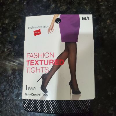 Hanes Fashion Textured Tights Classic Black Fish Net  Size M/L Non control Top